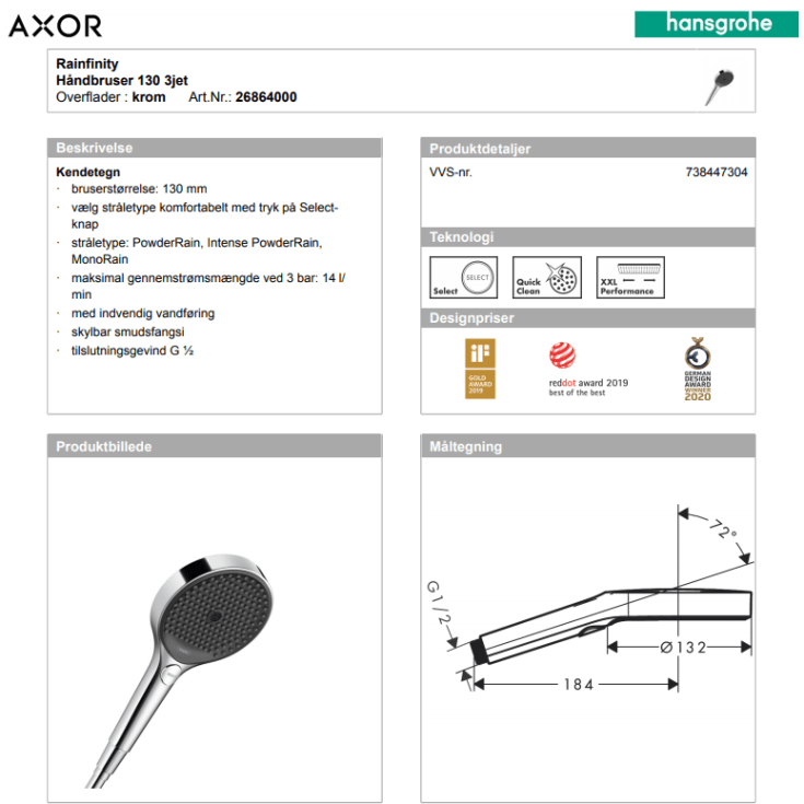 Hansgrohe Rainfinity 130 håndbruser, krom