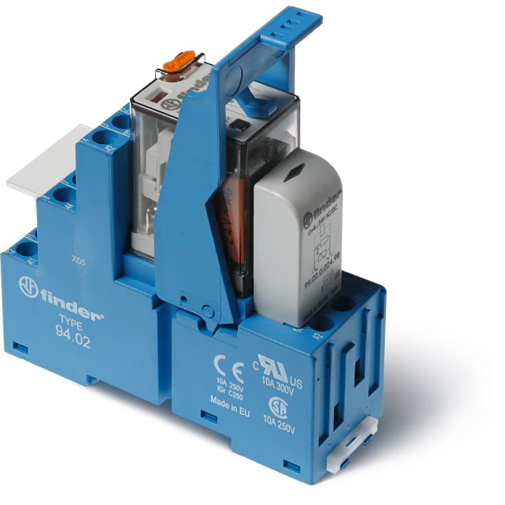 10 stk Interfacerelæ m/sokkel+bøjle S58.32, 2P, 10A, 24V DC, med LED