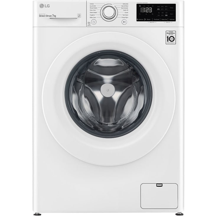 Claro håndvask, LG vaskemaskine, Grohe Eurodisc vandhane, hvid