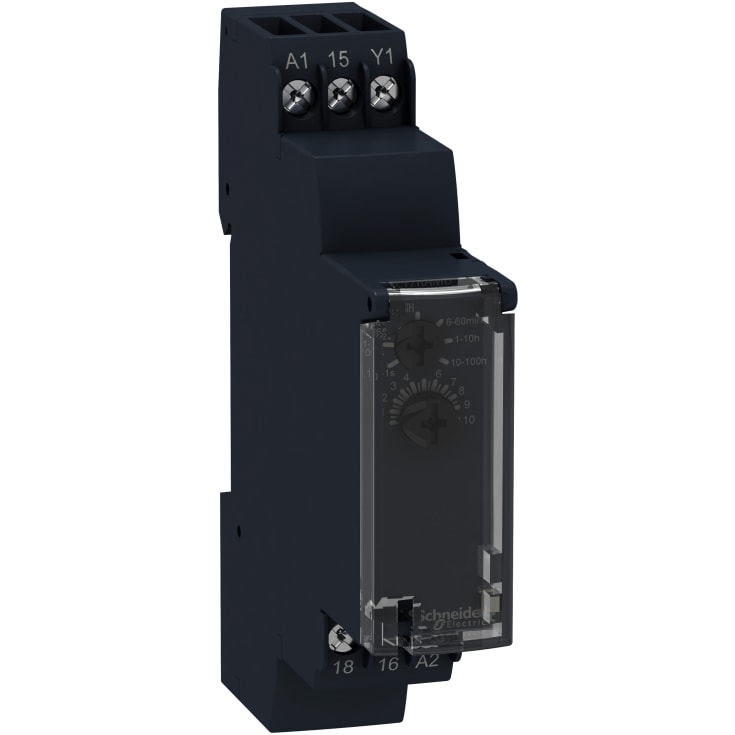 Tidsrelæ forsinket indkobling, 0,1S-100T, 1C/O, 5A, 24VDC/24-240VAC