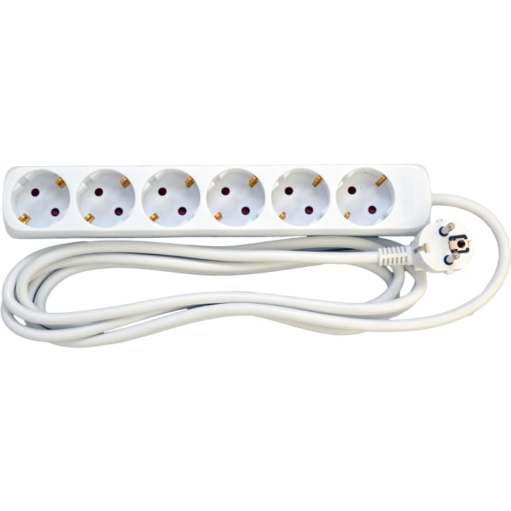 5 st 6-uttag Schuko utan strömbrytare och med 3M kabel, vit