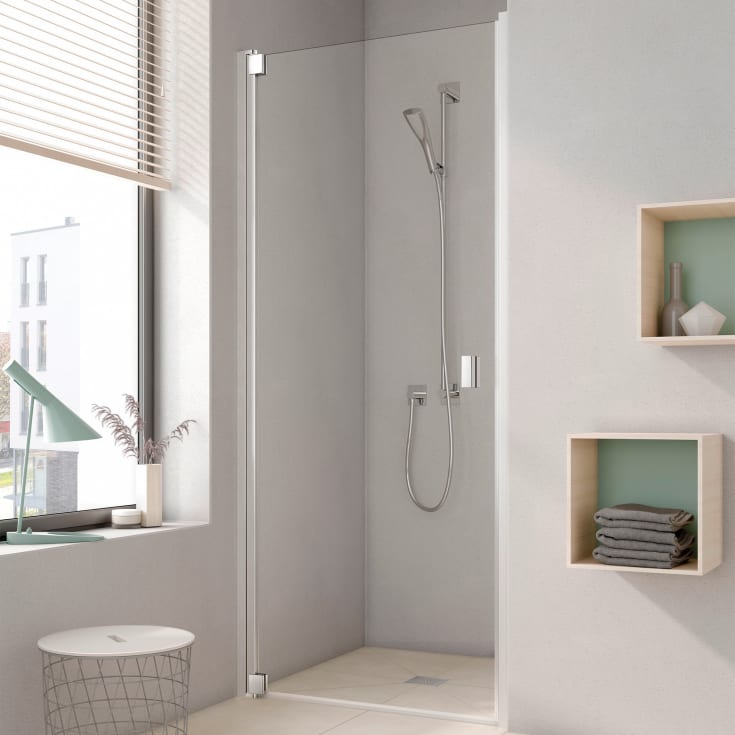 Kermi Raya 1WL duschdörr, 76,8 cm, vänster, till nisch eller TWD, klart glas, aluminium profil