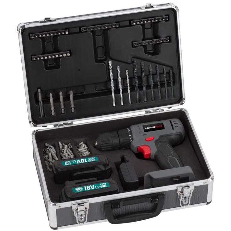 PowerPlus borrskruvdragare, med batteri 2 x 18V/1.3Ah, med 153 delar