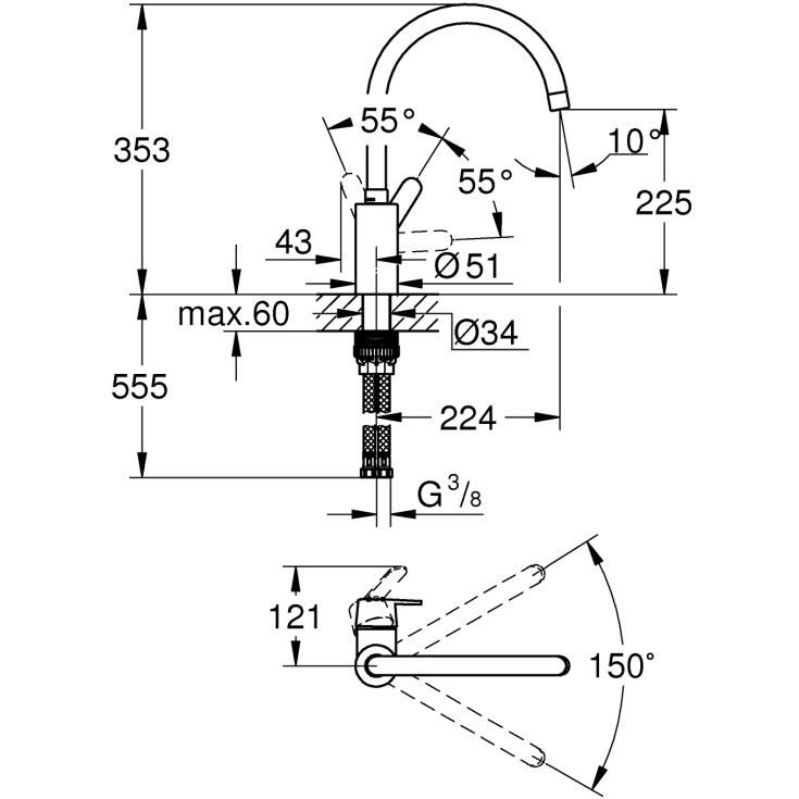 Grohe Quickfix Get, Etgrebskøkkenbatteri, højt udløb, Grohe Quickfix Zero