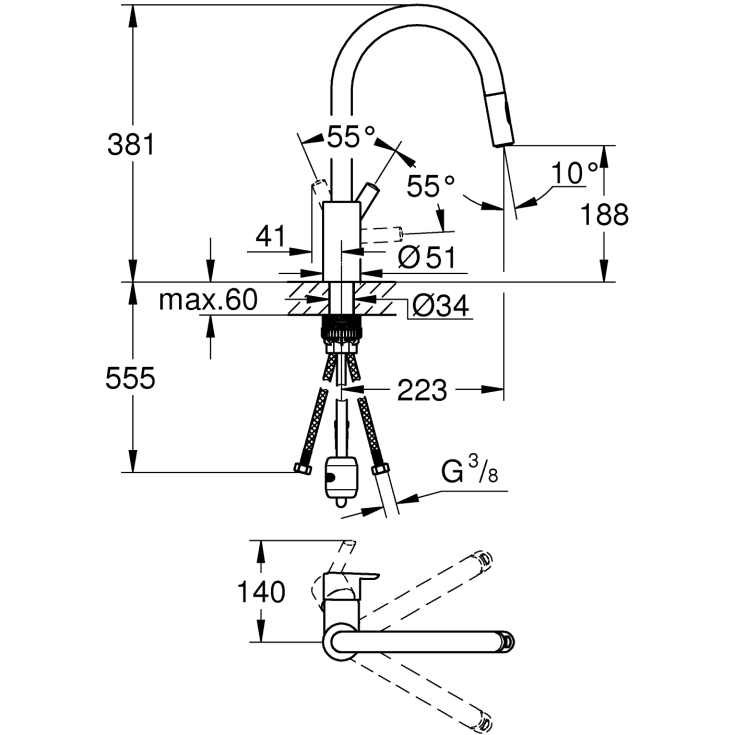 Grohe Quickfix Feel, Etgrebskøkkenbatteri, højt udløb, Grohe Quickfix Zero