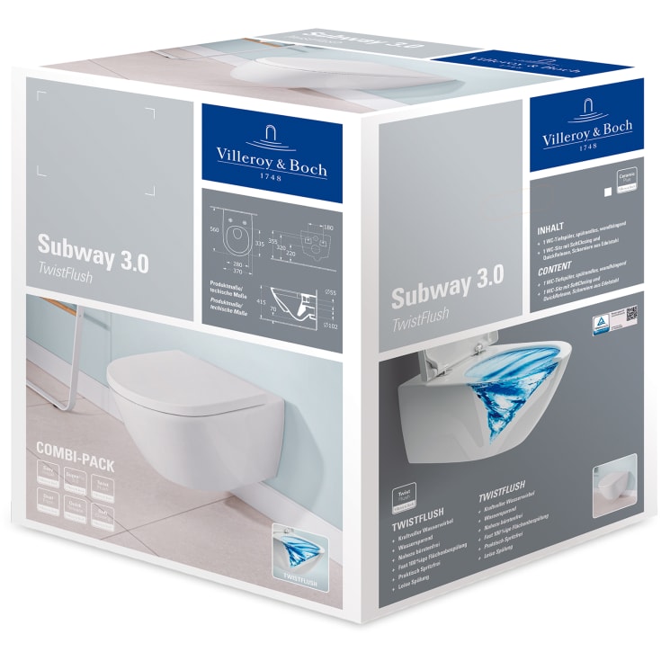 Villeroy & Boch Subway 3.0 vegghengt toalett, uten skyllekant, rengjøringsvennlig, hvit