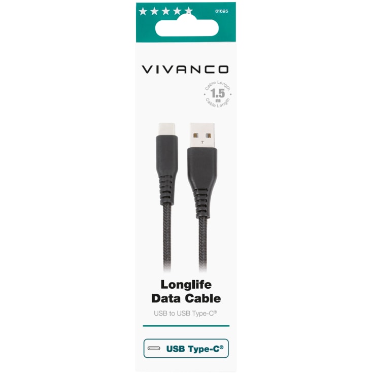 Vivanco LongLife ladekabel USB-A til USB-C, 1,5 meter