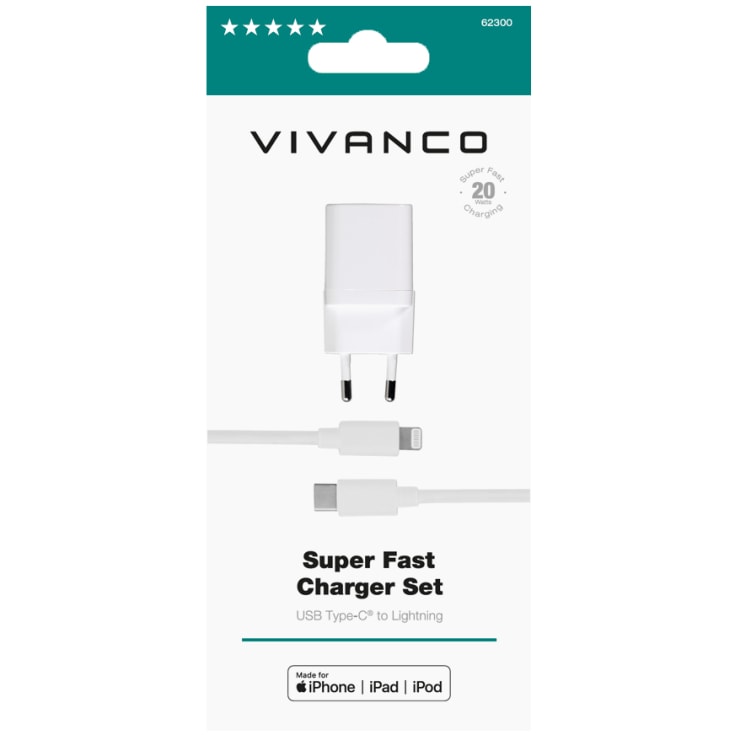 Vivanco hjemmeoplader lightning til USB-C 1,2 meter, hvid