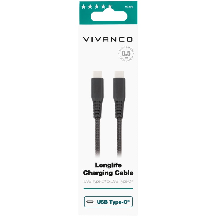 VIVANCO Longlife USB-C/C 2.0 kabel 0,5m Svart