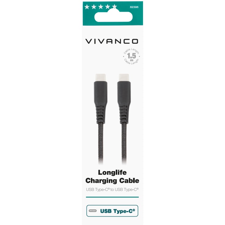 Vivanco ladekabel USB-C til USB-C sort, 1,5 meter
