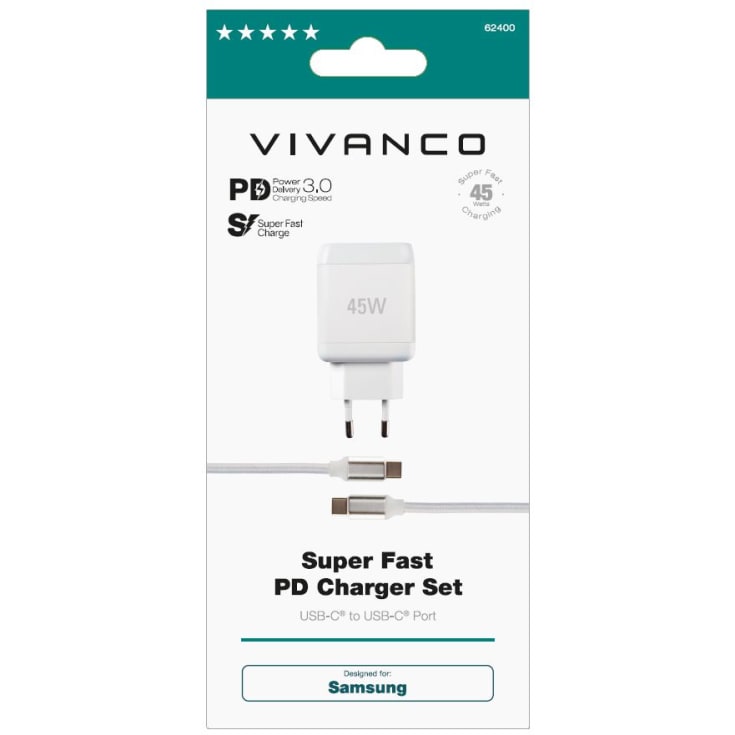 Vivanco Super Fast hjemmeoplader for Samsung hvid, 45W