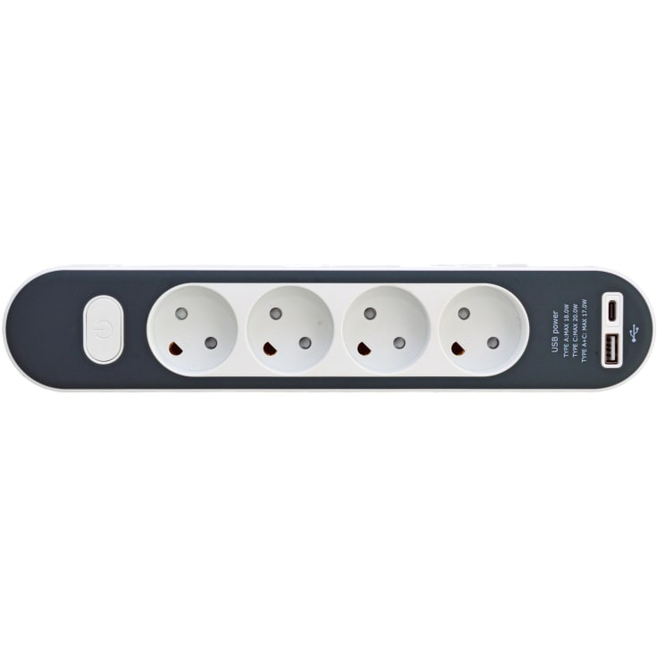 4-kontakter med jord og USB A+C, 1,4 m kabel
