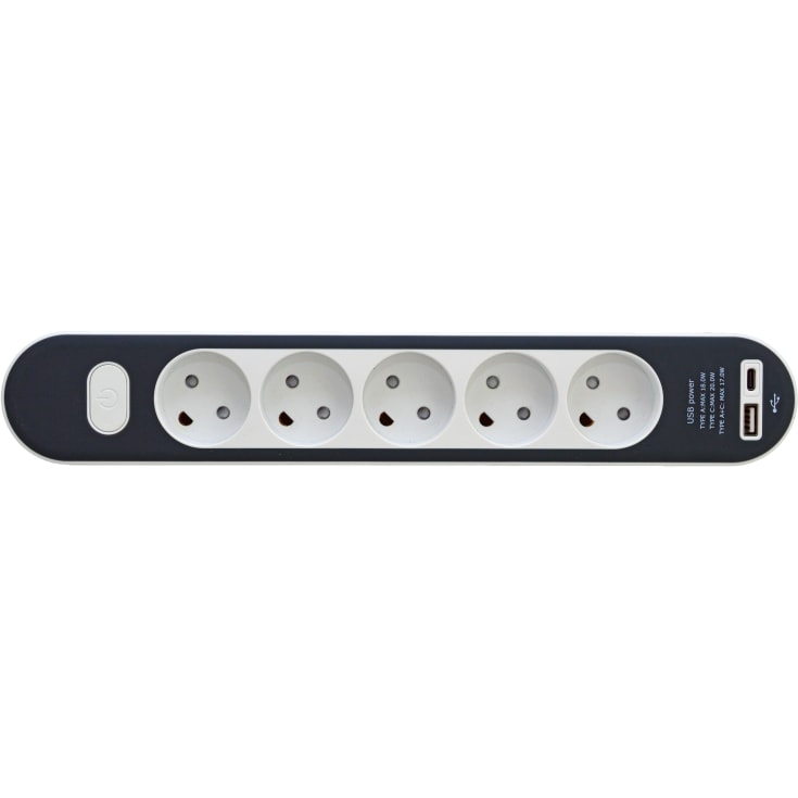 5-uttak med jord og USB A+C, 1,4 m kabel