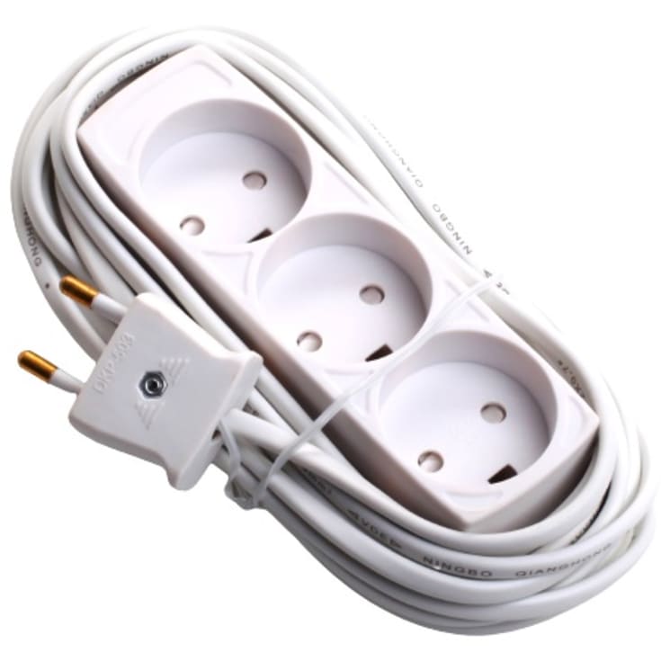 3-stikkontakt U/J med 5M kabel hvit