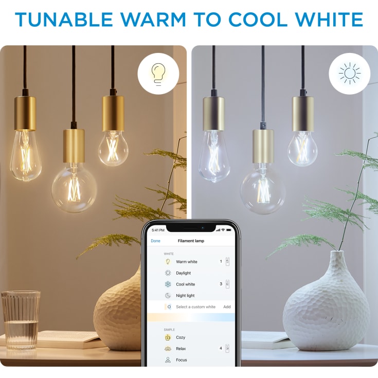 6 stk WiZ E27 LED klar Filament rørpære - kold til varm