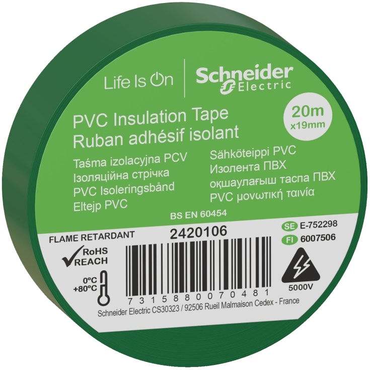 Schneider PVC isoleringstape, 19 mm x 20 m, grøn