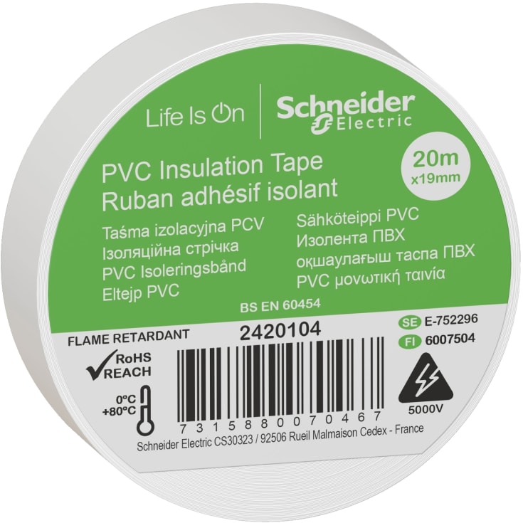 8 stk Schneider PVC isoleringstape, 19 mm x 20 m, hvid