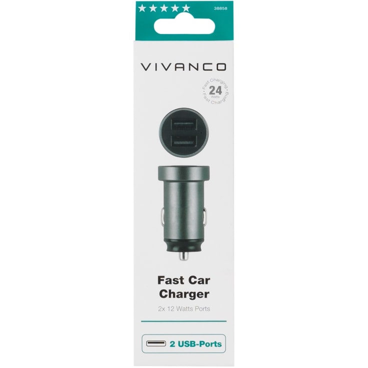 Vivanco biloplader 2xUSB-A 12W, sort