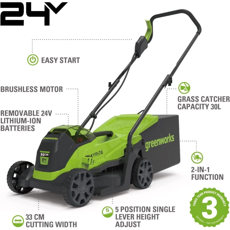 Greenworks plæneklipper 33cm - 24V m. 2,0Ah batteri & lader