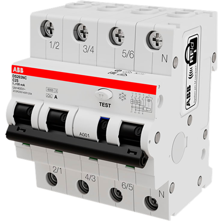 ABB DS203NC HPFI kombiafbryder C, 3P+N på 25A