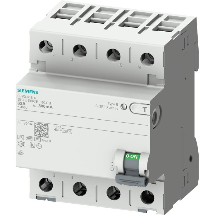 Jordfeilbryter RCCB PFI AC/DC 63A 4P 300mA, type B 5SV3646-4