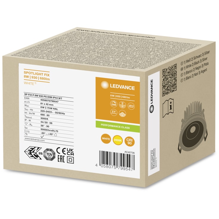 Ledvance Spot Fix innfelt spotlight, 3000K, hvit