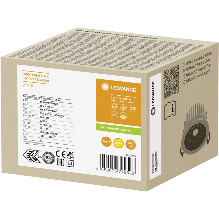 Ledvance Spot Fix innfelt spotlight, 2700K, hvit
