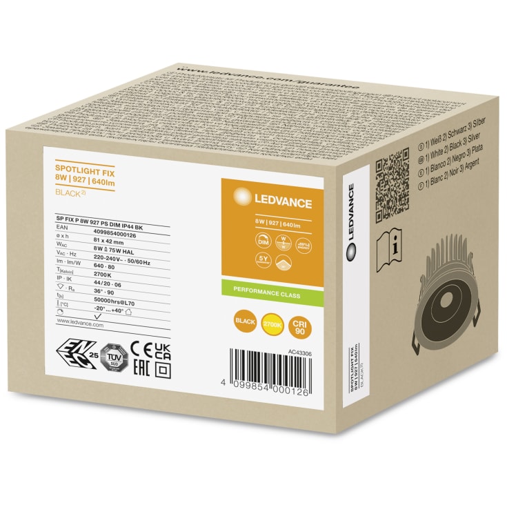 Ledvance Spot Fix innfelt spotlight, 2700K, svart