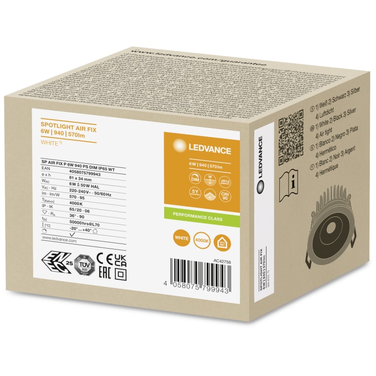 Ledvance Spot Air Fix innfelt spotlight, 4000K, hvit