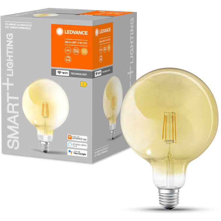 Ledvance Smart+ Wifi E27 globlampa, vit ljusfärg, bärnstensfärgad