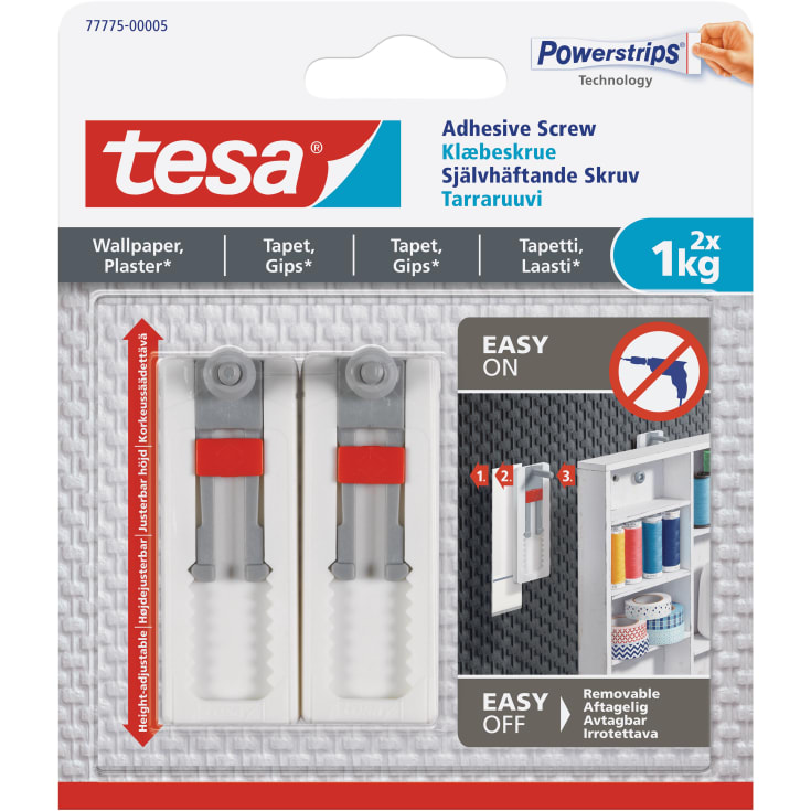 6 stk Tesa Powerstrips limskrue, 1 kg, 2-pak, justerbar, hvit