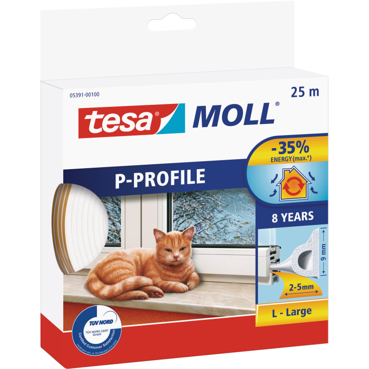 Tesamoll tätningslist, P-profil, 25 m, vit