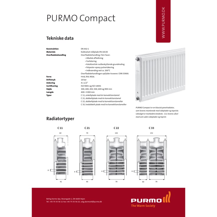 Purmo Compact C11 radiator, 50x50 cm - 4 m²