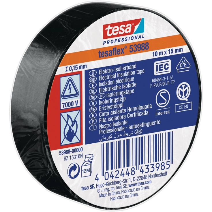 Tesa isoleringstape, sort, 15 mm, 10 meter