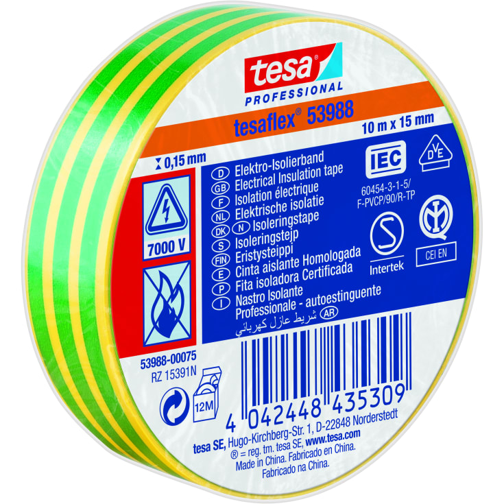 Isoleringstejp VDE/IEC PVC 15 mm x 10 m, gul/grön