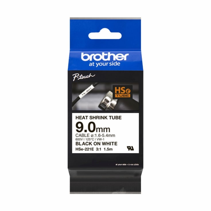 brother krympetape HSe221E, sort/hvit, 9,0 mm, for 1,6-5,4 mm kabler