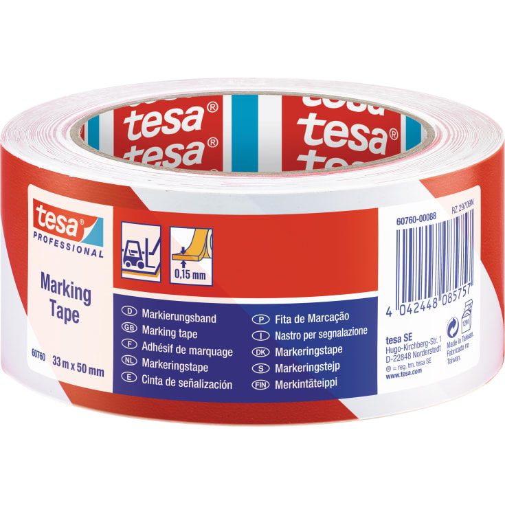 Tesa advarselstape, rød/hvid, 33 meter