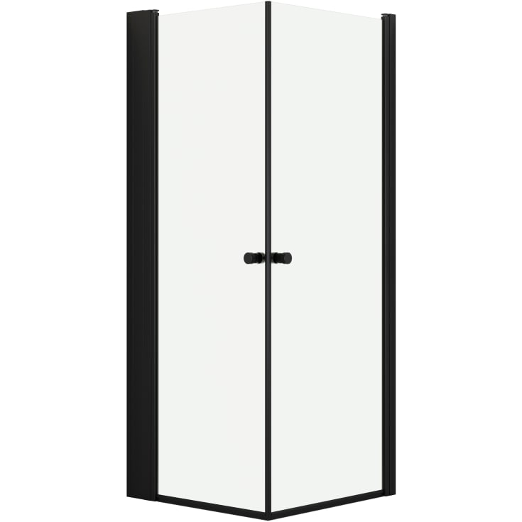 Dansani Match brusehjørne, model A+A+Tower reol, 79x79 cm, klart glas, sort