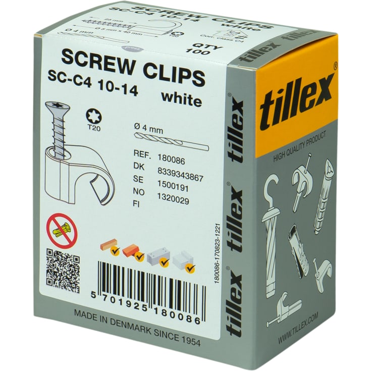 100 stk Tillex skrueclips 10-14 mm rund, TX20 i hvid