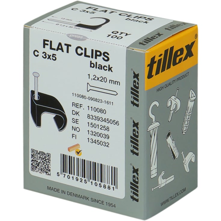 100 stk Tillex kabelclips flad 3x5/20 mm i sort