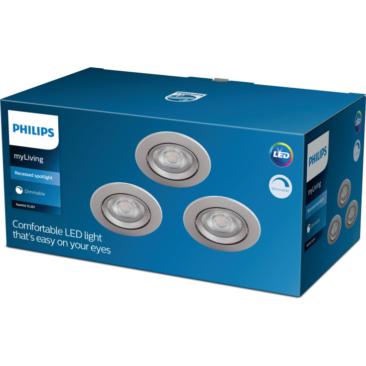 Philips myLiving Sparkle indbygningsspot, 2700K, 5W, krom, 3-pak