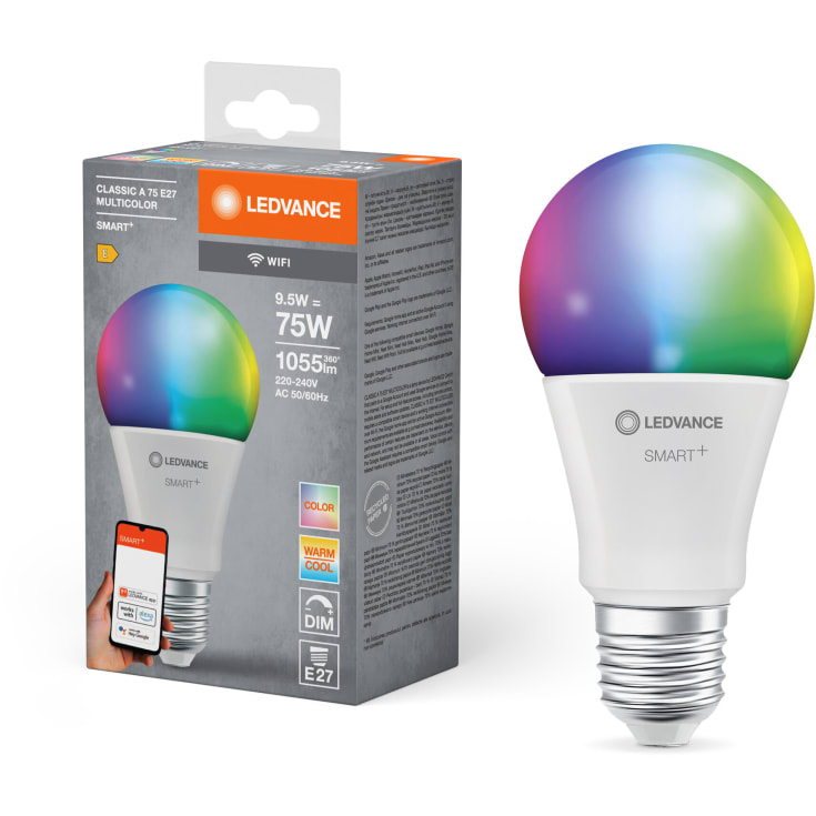 Ledvance Smart+ Wifi E27 standardpære, fargeskift + justerbar hvit, 9,5W, 1-pak