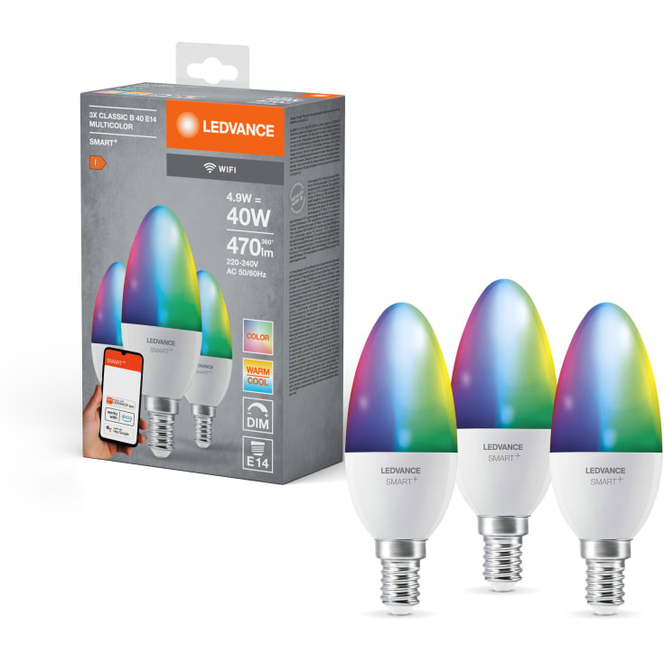 Ledvance Smart+ Wifi E14 kronljuslampa, färgändring + justerbar vit, 4,9W, 3 st