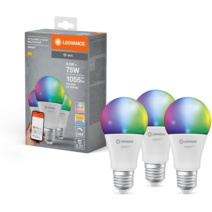 Ledvance Smart+ Wifi E27 standardpære, 2700K-6500K, 9,5W, 3-pak