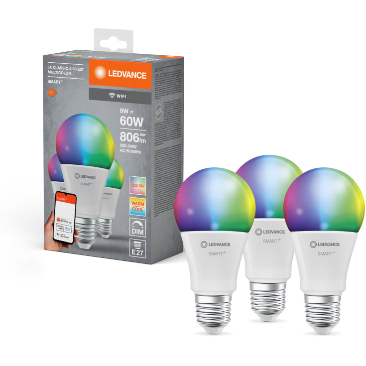 Ledvance Smart+ Wifi E27 standardpære, 2700K-6500K, 9W, 3-pak