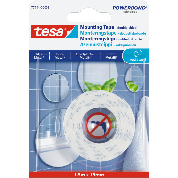 Tesa dubbelhäftande monteringstejp för kakel/metall, 19 mm, 1,5 meter