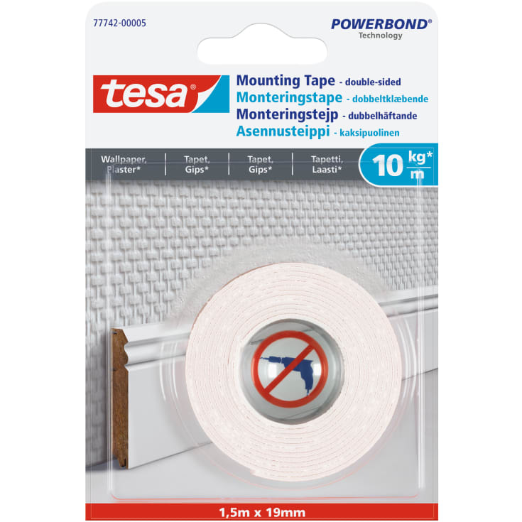 Tesa dubbelhäftande monteringstejp för tapet/gips, 19 mm, 1,5 meter