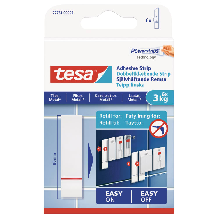 Tesa dobbeltklæbende powerstrips til fliser, 80 mm, 6 stk