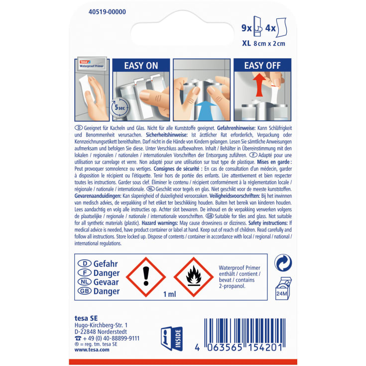 Tesa vanntette, dobbeltsidig selvklebende powerstrips, 80 mm, 9 stk.