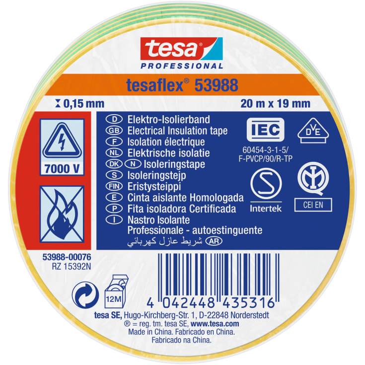 tesa isoleringstape 53988 PVC 19 mm x 20 m, grøn/gul